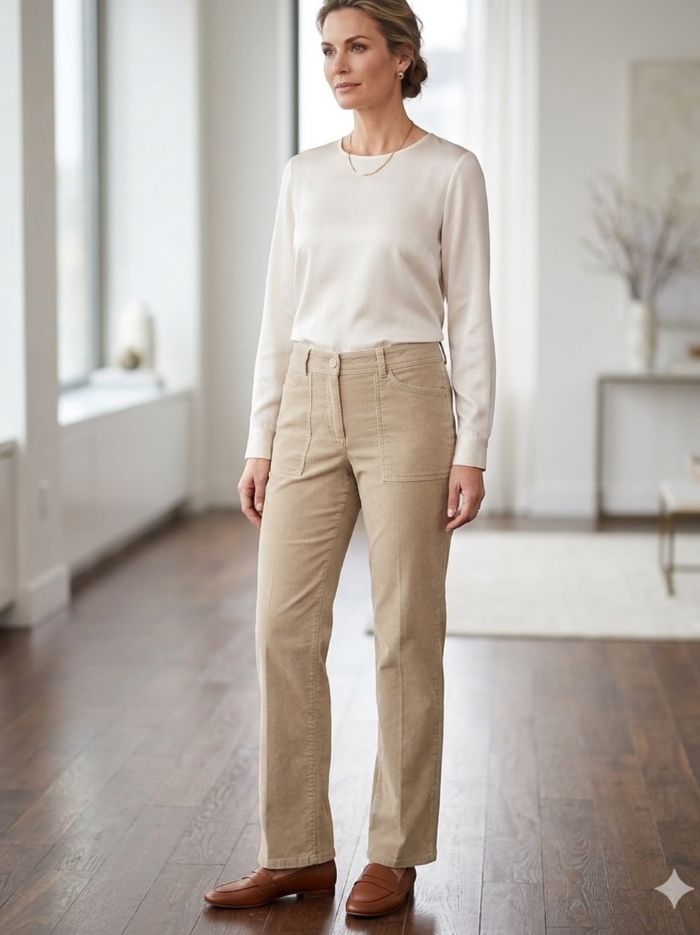 Gloria Vanderbilt Olive Knit Top with Beige Wide-Leg Jeans